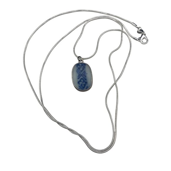 Vintage Blue White Porcelain Shard Pendant Necklace Sterling Silver Bezel 30" - Picture 3 of 7